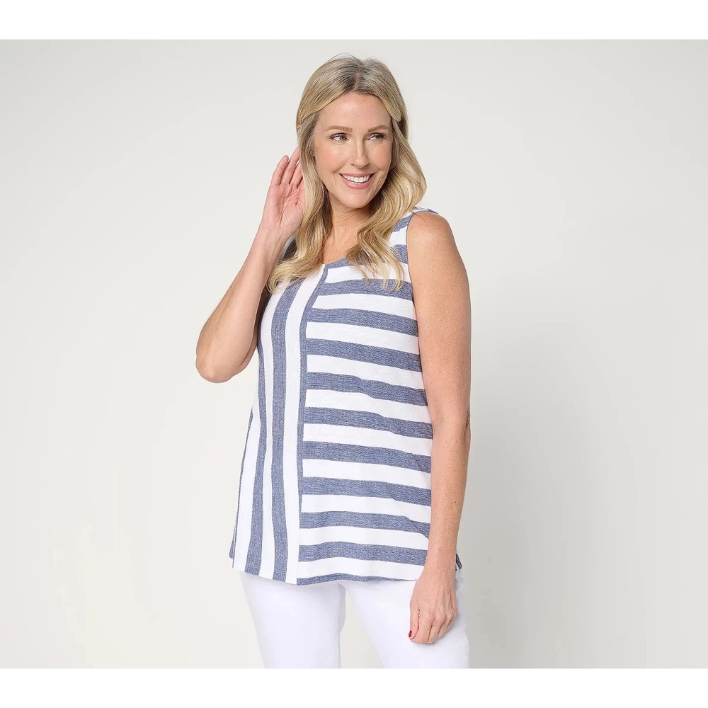 Denim & Co. Striped Coastline Cotton Swing Tank Top-Indigo-Large